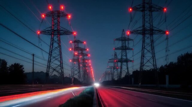 Nighttime Highway View with Power Lines and Traffic Lights.