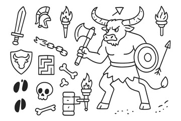 Obraz premium Minotaur Battle Symbols. Hand-drawn doodle illustration minotaur battle minotaur, sword, shield, helmet, axe, torch, footprints,