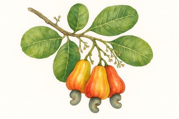 Cashew tree branch with ripe cashew fruits and leaves in a botanical illustration style