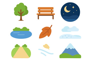 Fototapeta premium Nature's Quiet Moments. Flat vector mini-illustrations loneliness and nature in colors children's illustrations: single tree,