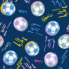 Abstract seamless pattern for boys. Football pattern. Grunge urban pattern with football ball. Sport wallpaper on black background with white and blue and green. Repeated sport pattern.