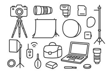 Photography Gear Icons. Hand-drawn doodle illustration photography setup camera, tripod, lens, flash, memory card, battery, light