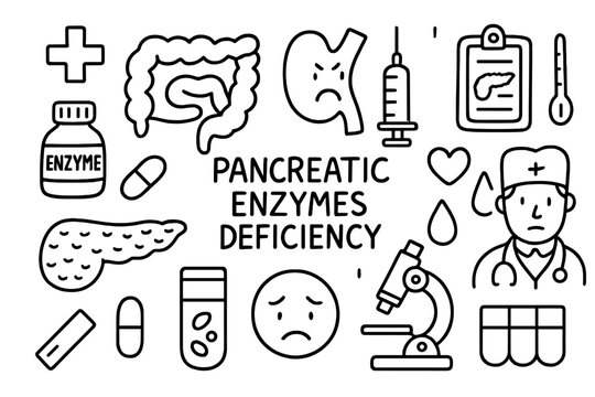 Pancreatic Health Icons. Hand-drawn doodle illustration pancreatic enzymes deficiency pancreas, enzyme bottle, pill, syringe,