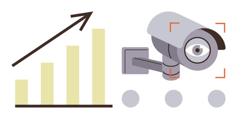 Bar chart with upward arrow next to a security camera in focus. Ideal for growth analysis, safety monitoring, business security, data protection, progress tracking, technology concepts, simple flat