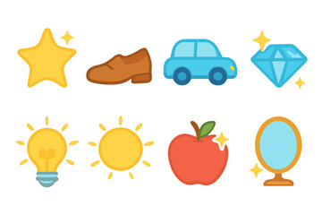 Shiny Icons Collection. Flat vector mini-illustrations shine in colors children's illustrations: sparkling star, polished shoe,