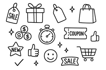 Shopping Sale Icons. Hand-drawn doodle illustration tempting discount sale tag, gift box, price tag, money stack, coins, stopwatch