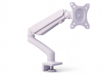 Adjustable white monitor arm, perfect for enhancing workspace ergonomics and flexibility, presented on a transparent background