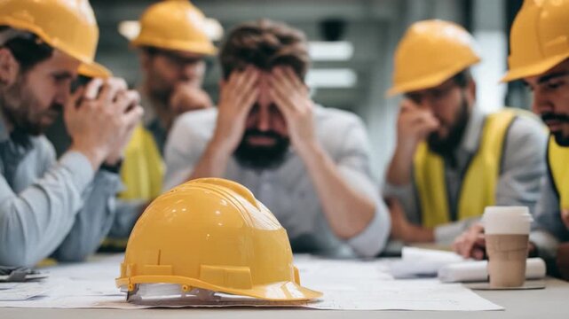 Construction Crew's Dilemma: A worried construction team huddles around blueprints, showcasing challenges in the building project