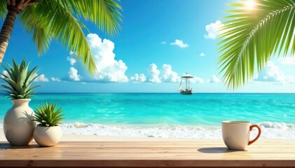 Fototapeta premium Beach-inspired desk, free space, summer background, bright, sand, beach