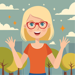 Blonde geek woman in glasses showing excitement