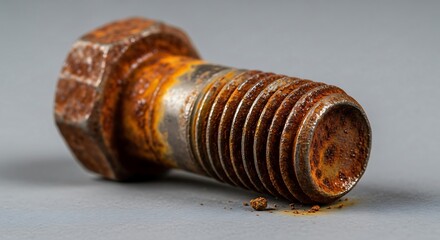 A detailed shot of a corroded bolt against a flat, neutral gray background.