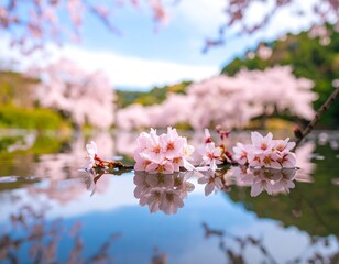 Pink cherry blossoms reflecting on water