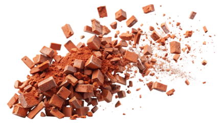 Flying Pieces and Powder of Broken Red Brick Isolated on White Background