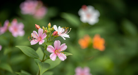 Delicate Pink and White Flowers with Buds and Green Leaves in a Serene Garden Setting