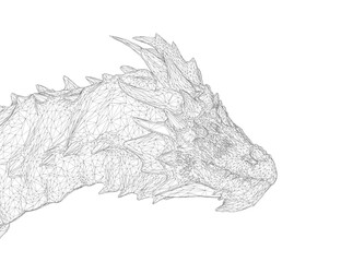 A fierce dragon head with intricate scales, sharp horns, and alert eyes, its mouth open to reveal teeth and wings spread wide in a powerful wireframe illustration.