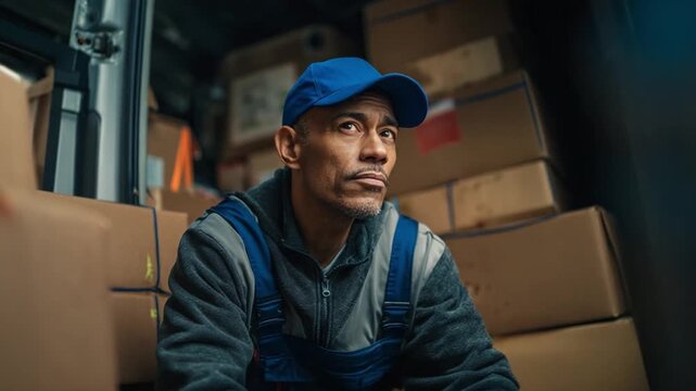 Focused Delivery: A focused delivery worker, sits within the van amidst stacks of neatly arranged packages. The image exudes a sense of industriousness and professional dedication.