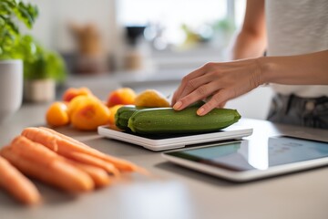 Fresh zucchini being weighed on digital kitchen scale with female hands, healthy cooking and diet concept with vegetables and fruits in modern bright kitchen
