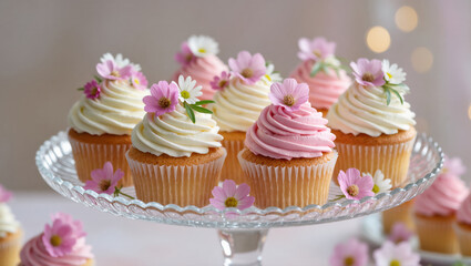 Pastel cupcakes with pink and white frosting decorated with delicate flowers on glass stand. Elegant and sweet wedding or party dessert.
