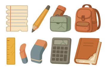 Fototapeta na wymiar Worn School Supplies Icons. Flat vector mini-illustrations worn school supplies in colors children's illustrations: torn notebook,