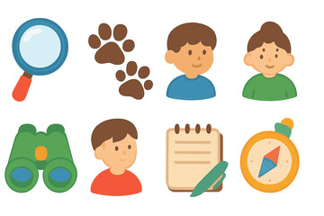 Naklejka premium Animal Tracking Tools. Flat vector mini-illustrations animal tracking tools in colors children's illustrations: magnifying glass,