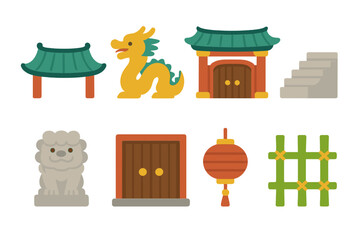 Obraz premium Asian Temple Icons. Flat vector mini-illustrations Asian temple features in colors children's illustrations: curved roof, dragon