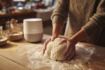 Woman kneading dough on kitchen table with smart speaker for cooking guidance