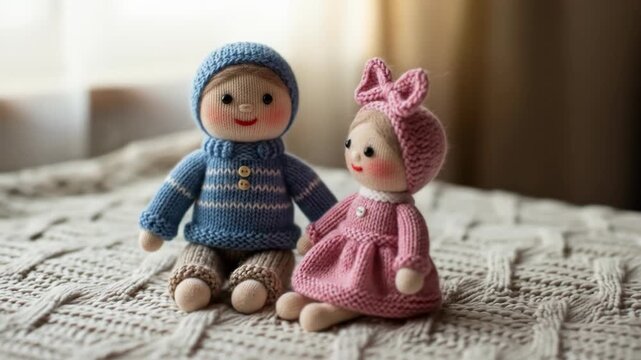 Charming hand-knitted doll couple sharing tender moment on cozy blanket