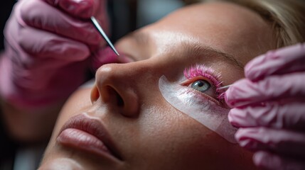 Woman with long black hair in pink relaxing during lash extension service.