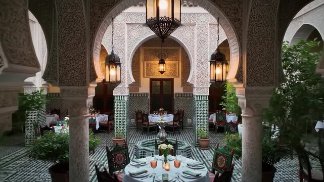 Moroccan courtyard dining Elegant ambiance with ornate arches and lanterns.