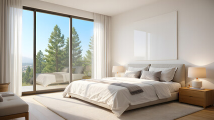 Fototapeta premium Modern Minimalist Bedroom Suite with Panoramic Forest View, Sunlit and Serene.