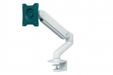 White adjustable monitor arm holding a green monitor mount plate, isolated on transparent background