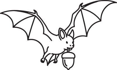 Bat with Acorn in Flight: This endearing illustration captures a bat soaring through the air, delicately carrying a plump acorn, a charming representation of nature's beauty and woodland life.