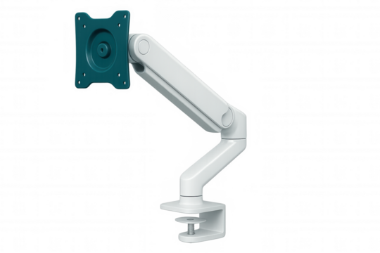 White adjustable monitor arm holding a green monitor mount plate, isolated on transparent background