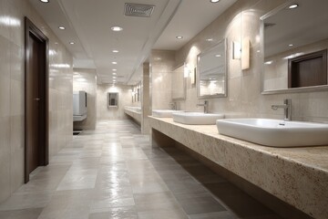 Spotless public restroom presenting multiple sinks and large mirrors, creating a clean and contemporary environment