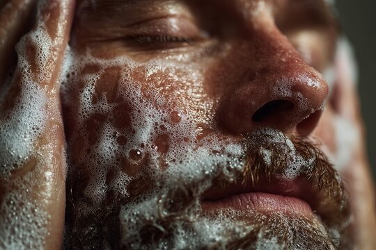 Caucasian man gently washing his face and beard with soap foam, performing skincare routine - Powered by Adobe