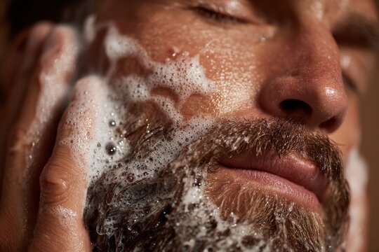Caucasian man is taking a shower and washing his face and beard with soap