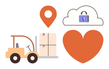 Forklift moving boxes, location pin, cloud with lock, large heart. Ideal for logistics, delivery, security, storage safety data protection care. A simple flat metaphor
