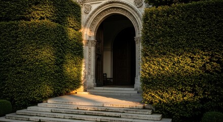 Grand Entrance Archway with Lush Green Bushes and Stone Steps in Warm Sunset Light