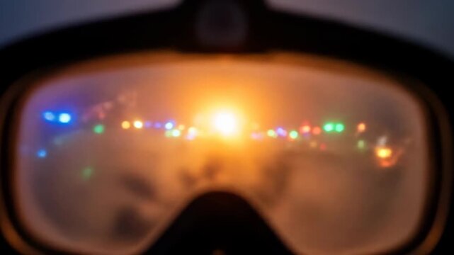 Muffled and blurry colored lights seen through foggy winter goggles

