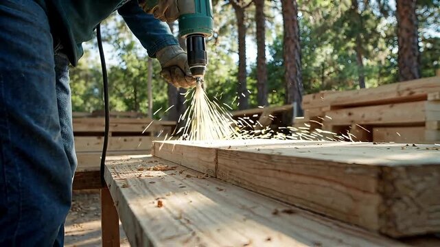 Skilled craftsman drilling wood planks outdoors with a power tool, generating bright sparks and sawdust. DIY carpentry project.