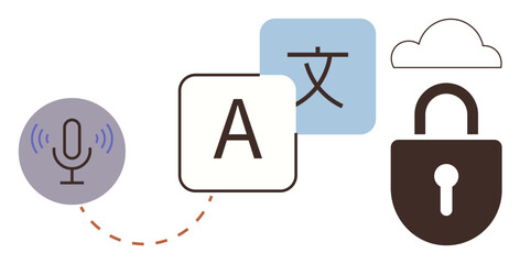 Microphone, language translation blocks, cloud, and lock visualizing language processing, cloud storage, translation security. Ideal for AI, translation, cloud communication privacy security