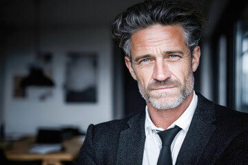 Mature man with stylish gray hair wearing a suit and tie in a modern office setting