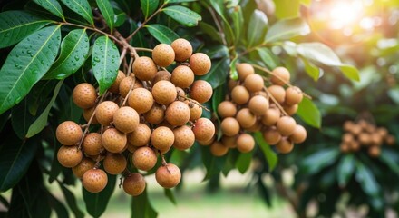 Clusters of longan fruit on a lush green tree