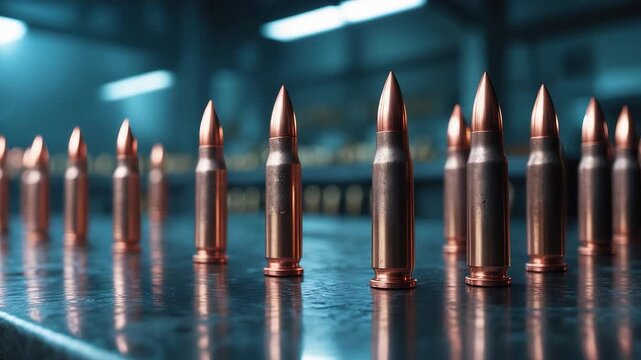 Shiny copper rifle bullets arranged in neat alignment on reflective metallic surface inside industrial ammunition manufacturing facility workshop
