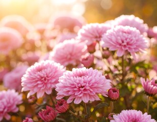 Pink chrysanthemum blossoms in sunlight