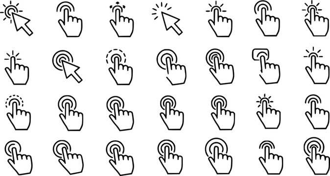 Cursor hand line style icons set. Hand click symbol. pointer, touch screen, gesture, click here signs vector illustration