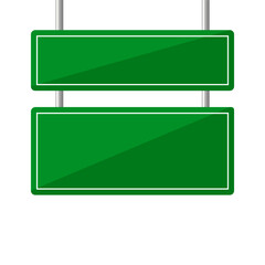 Vector illustration of two blank green rectangular road signs with white borders, hanging from poles against a white background.