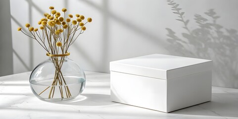 Still life of a vase with flowers and a white box isolated on white background