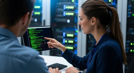 Two people working on computer in server room