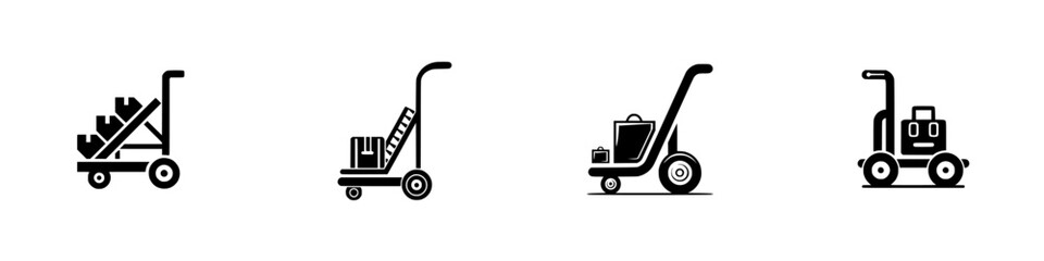 Four hand trucks and trolleys with cargo and luggage, minimalist monochrome icons